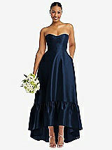 Front View Thumbnail - Midnight Navy Strapless Deep Ruffle Hem Satin High Low Dress with Pockets