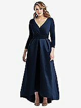 Front View Thumbnail - Midnight Navy & Midnight Navy Long Sleeve Wrap Dress with High Low Full Skirt and Pockets