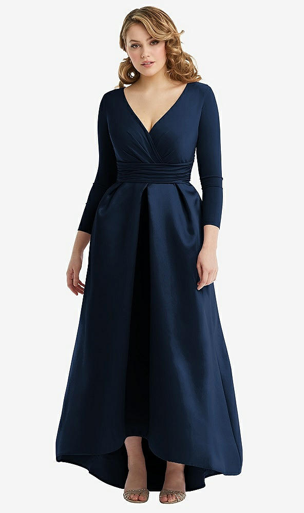 Front View - Midnight Navy & Midnight Navy Long Sleeve Wrap Dress with High Low Full Skirt and Pockets