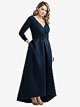 Side View Thumbnail - Midnight Navy & Midnight Navy Long Sleeve Wrap Dress with High Low Full Skirt and Pockets