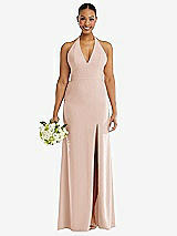 Alt View 2 Thumbnail - Cameo Plunge Neck Halter Backless Trumpet Gown with Front Slit