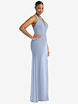 Side View Thumbnail - Sky Blue Plunge Neck Halter Backless Trumpet Gown with Front Slit