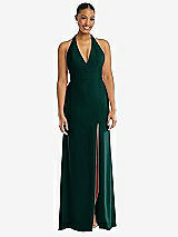 Front View Thumbnail - Evergreen Plunge Neck Halter Backless Trumpet Gown with Front Slit