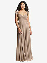 Rear View Thumbnail - Topaz Shirred Cross Bodice Lace Up Open-Back Maxi Dress with Flutter Sleeves