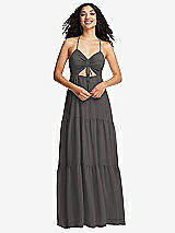 Front View Thumbnail - Caviar Gray Drawstring Bodice Gathered Tie Open-Back Maxi Dress with Tiered Skirt