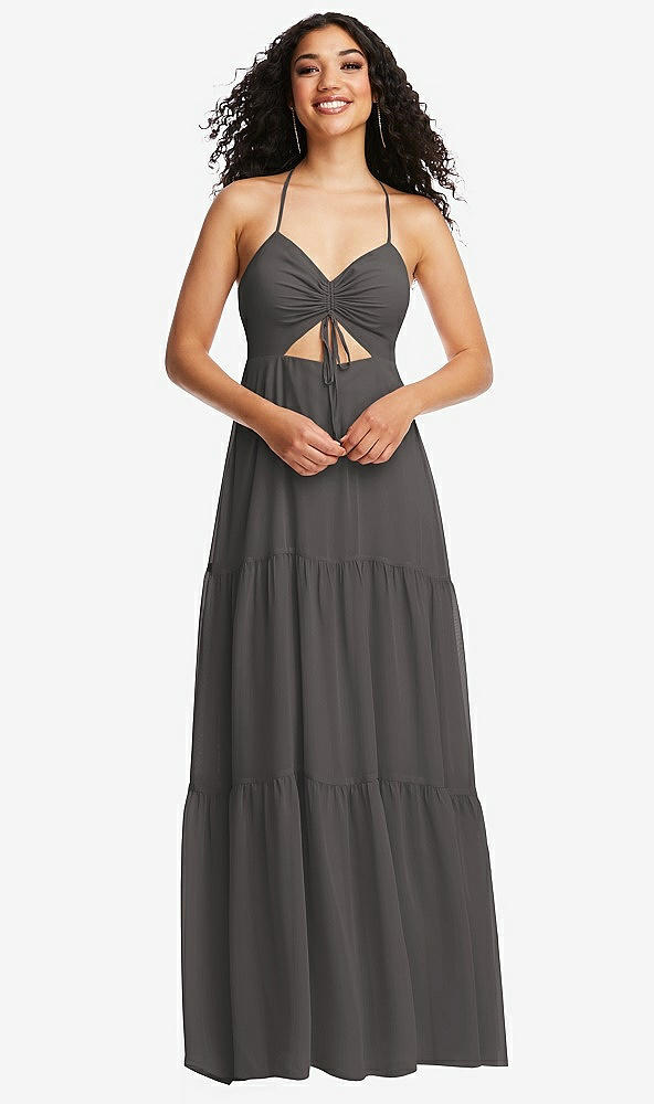Front View - Caviar Gray Drawstring Bodice Gathered Tie Open-Back Maxi Dress with Tiered Skirt