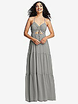 Front View Thumbnail - Chelsea Gray Drawstring Bodice Gathered Tie Open-Back Maxi Dress with Tiered Skirt