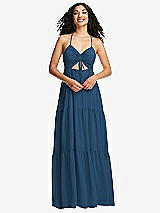 Front View Thumbnail - Dusk Blue Drawstring Bodice Gathered Tie Open-Back Maxi Dress with Tiered Skirt