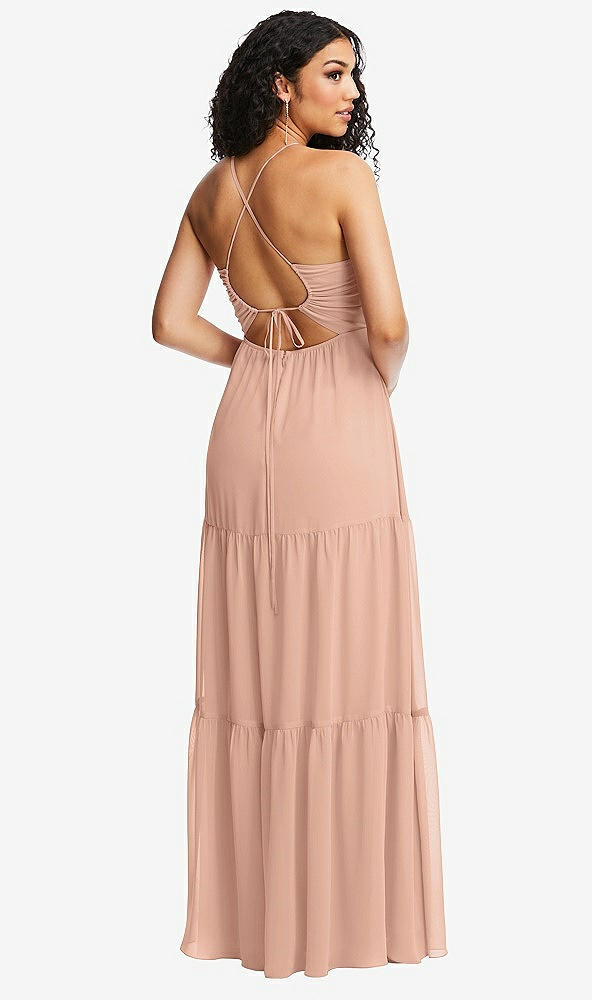 Back View - Pale Peach Drawstring Bodice Gathered Tie Open-Back Maxi Dress with Tiered Skirt