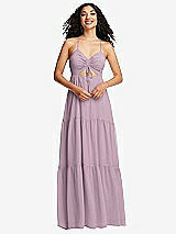 Front View Thumbnail - Suede Rose Drawstring Bodice Gathered Tie Open-Back Maxi Dress with Tiered Skirt