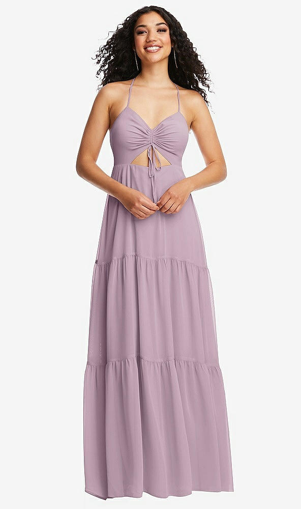 Front View - Suede Rose Drawstring Bodice Gathered Tie Open-Back Maxi Dress with Tiered Skirt