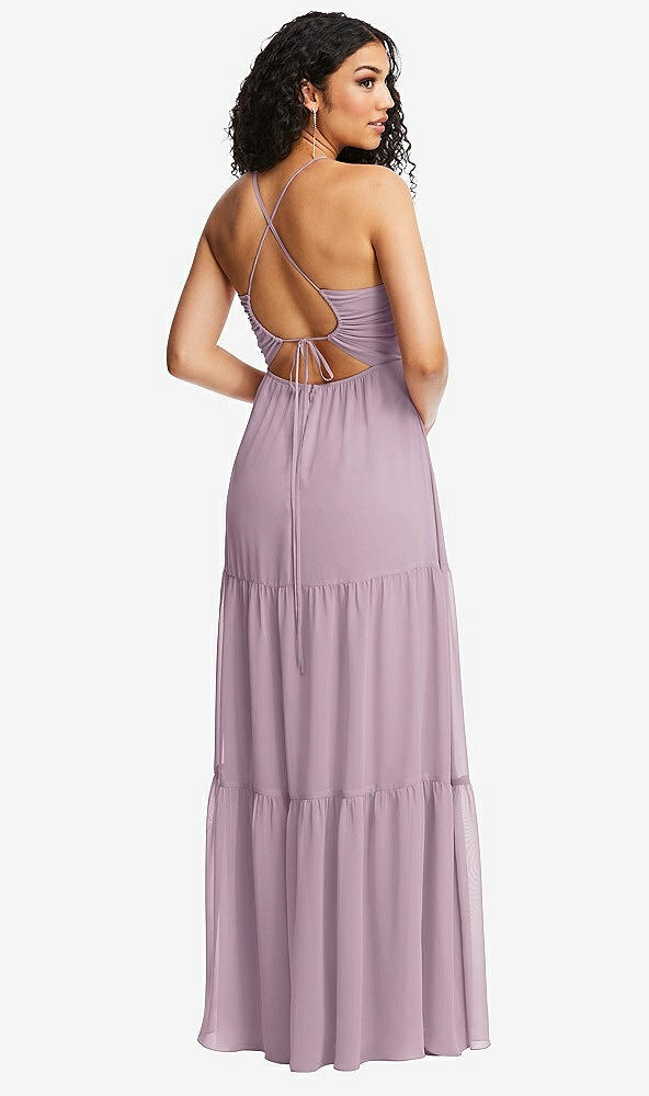 Back View - Suede Rose Drawstring Bodice Gathered Tie Open-Back Maxi Dress with Tiered Skirt