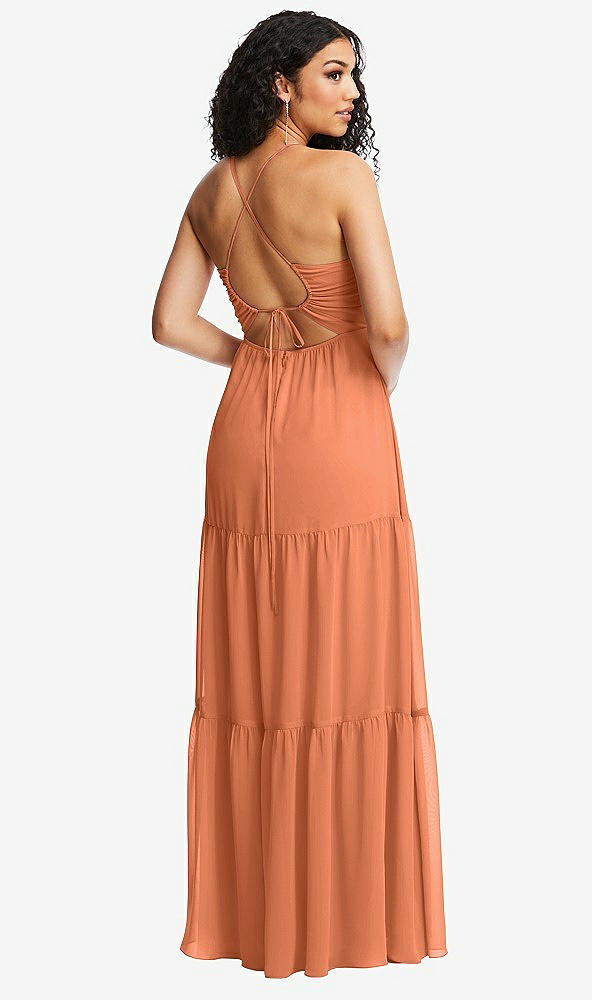 Back View - Sweet Melon Drawstring Bodice Gathered Tie Open-Back Maxi Dress with Tiered Skirt