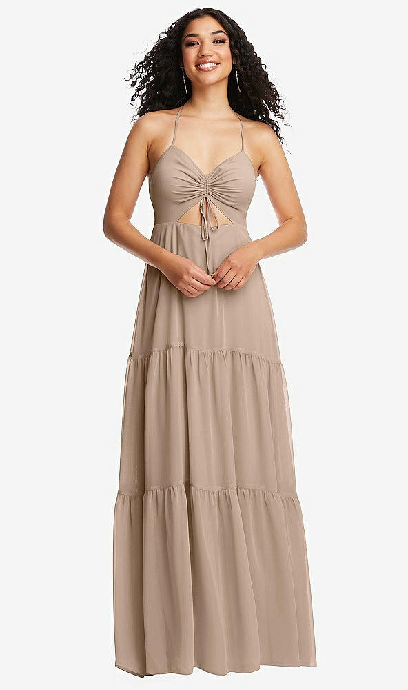Front View - Topaz Drawstring Bodice Gathered Tie Open-Back Maxi Dress with Tiered Skirt