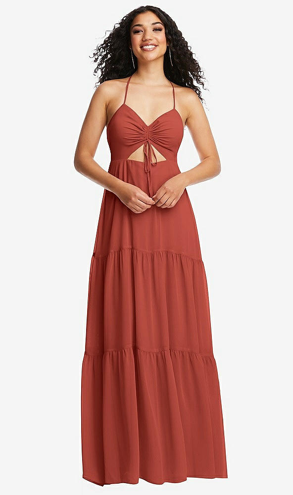 Front View - Amber Sunset Drawstring Bodice Gathered Tie Open-Back Maxi Dress with Tiered Skirt