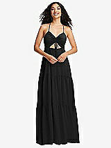 Front View Thumbnail - Black Drawstring Bodice Gathered Tie Open-Back Maxi Dress with Tiered Skirt
