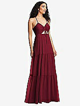 Alt View 1 Thumbnail - Burgundy Drawstring Bodice Gathered Tie Open-Back Maxi Dress with Tiered Skirt