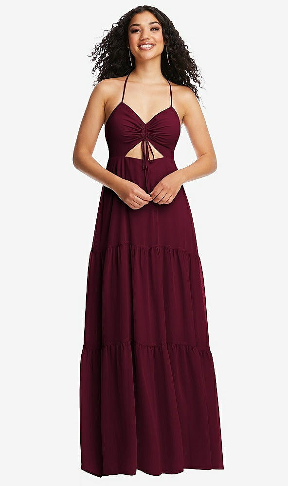 Front View - Cabernet Drawstring Bodice Gathered Tie Open-Back Maxi Dress with Tiered Skirt