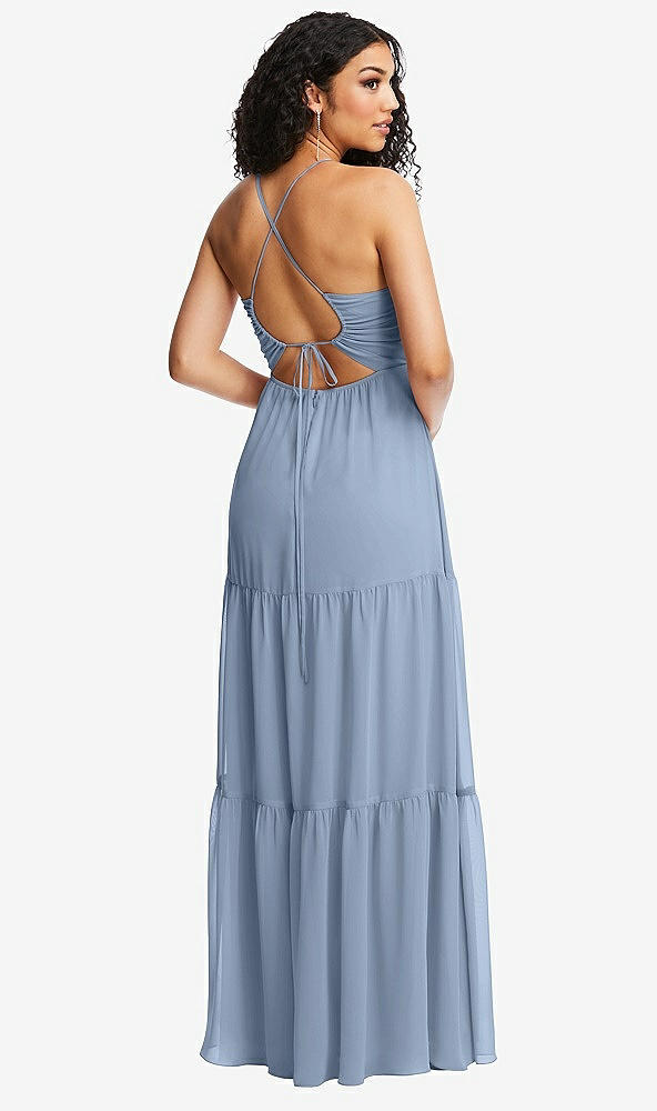 Back View - Cloudy Drawstring Bodice Gathered Tie Open-Back Maxi Dress with Tiered Skirt