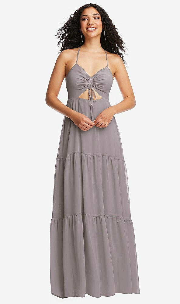 Front View - Cashmere Gray Drawstring Bodice Gathered Tie Open-Back Maxi Dress with Tiered Skirt