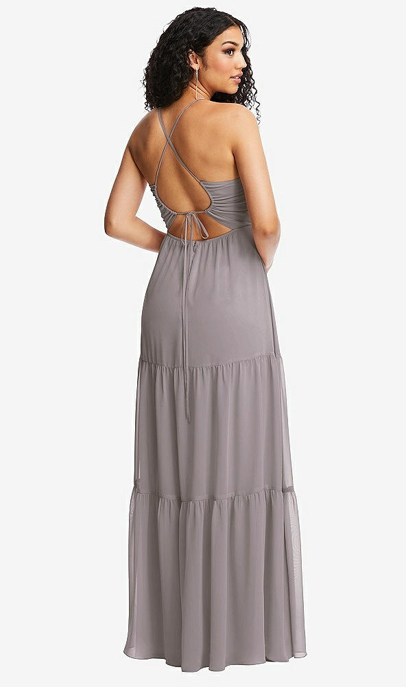 Back View - Cashmere Gray Drawstring Bodice Gathered Tie Open-Back Maxi Dress with Tiered Skirt