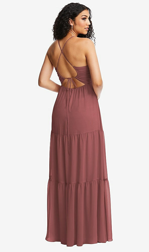 Back View - English Rose Drawstring Bodice Gathered Tie Open-Back Maxi Dress with Tiered Skirt
