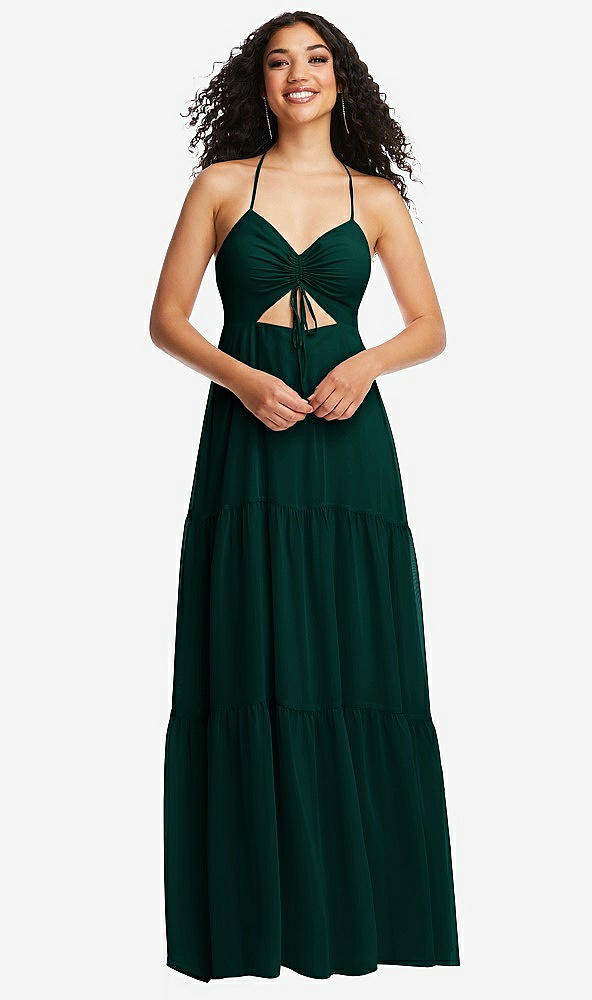 Front View - Evergreen Drawstring Bodice Gathered Tie Open-Back Maxi Dress with Tiered Skirt