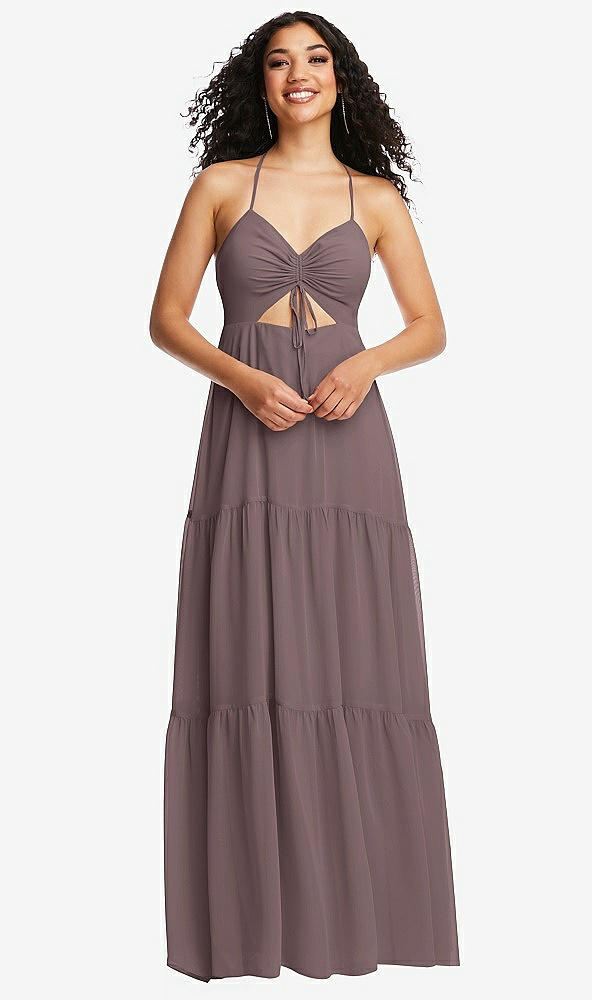 Front View - French Truffle Drawstring Bodice Gathered Tie Open-Back Maxi Dress with Tiered Skirt