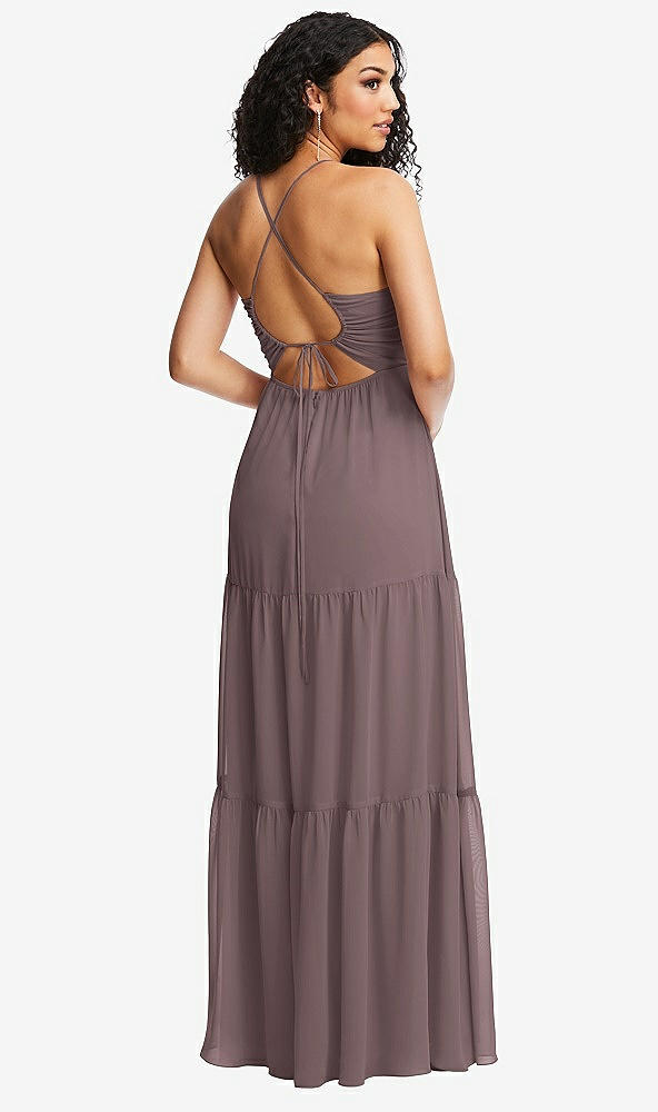 Back View - French Truffle Drawstring Bodice Gathered Tie Open-Back Maxi Dress with Tiered Skirt