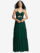 Front View Thumbnail - Hunter Green Drawstring Bodice Gathered Tie Open-Back Maxi Dress with Tiered Skirt
