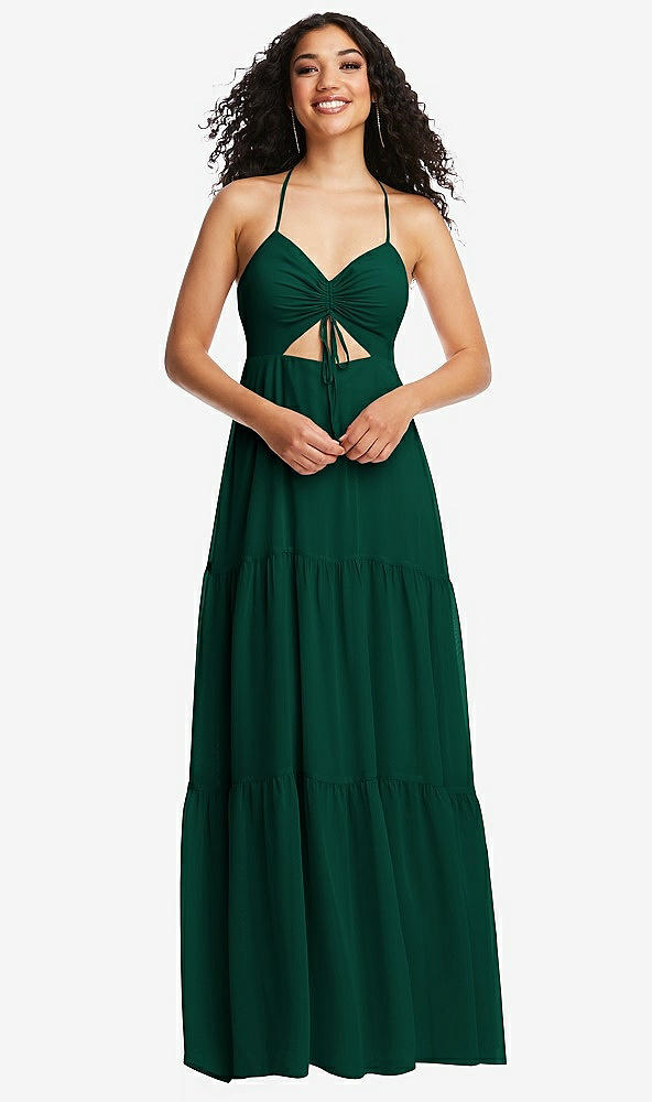 Front View - Hunter Green Drawstring Bodice Gathered Tie Open-Back Maxi Dress with Tiered Skirt