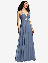 Alt View 1 Thumbnail - Larkspur Blue Drawstring Bodice Gathered Tie Open-Back Maxi Dress with Tiered Skirt