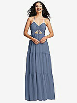 Front View Thumbnail - Larkspur Blue Drawstring Bodice Gathered Tie Open-Back Maxi Dress with Tiered Skirt