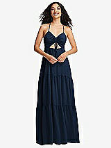 Front View Thumbnail - Midnight Navy Drawstring Bodice Gathered Tie Open-Back Maxi Dress with Tiered Skirt