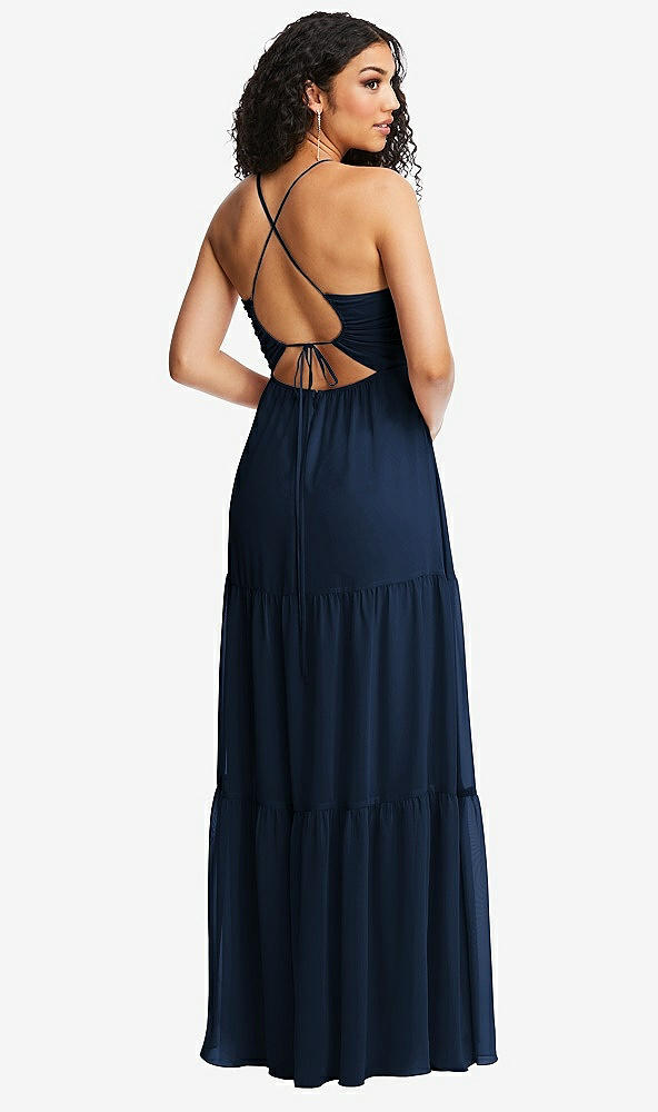 Back View - Midnight Navy Drawstring Bodice Gathered Tie Open-Back Maxi Dress with Tiered Skirt