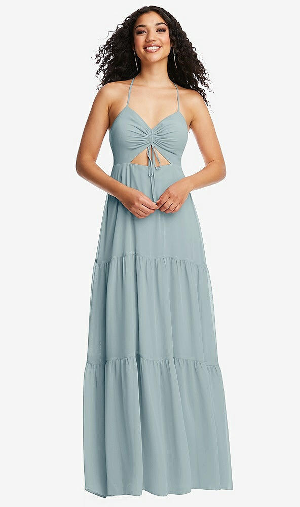 Front View - Morning Sky Drawstring Bodice Gathered Tie Open-Back Maxi Dress with Tiered Skirt