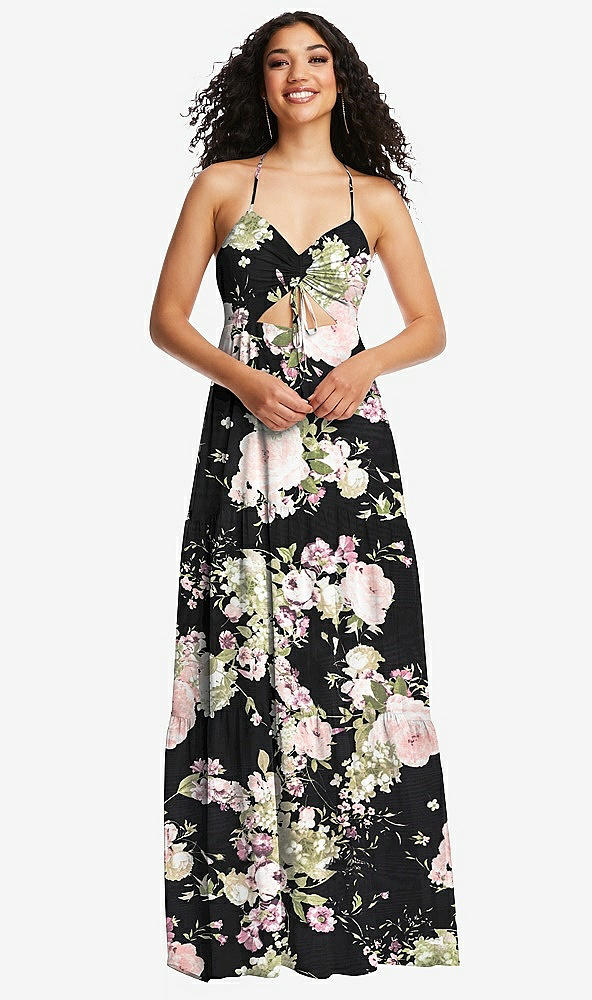 Front View - Noir Garden Drawstring Bodice Gathered Tie Open-Back Maxi Dress with Tiered Skirt