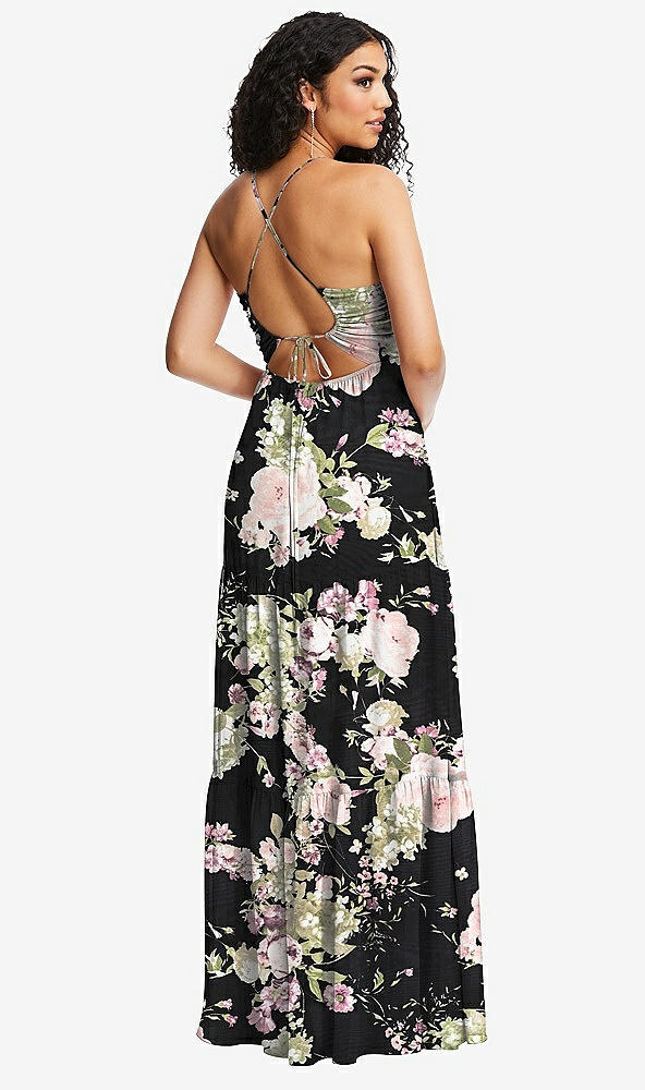 Back View - Noir Garden Drawstring Bodice Gathered Tie Open-Back Maxi Dress with Tiered Skirt