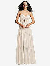 Front View Thumbnail - Oat Drawstring Bodice Gathered Tie Open-Back Maxi Dress with Tiered Skirt