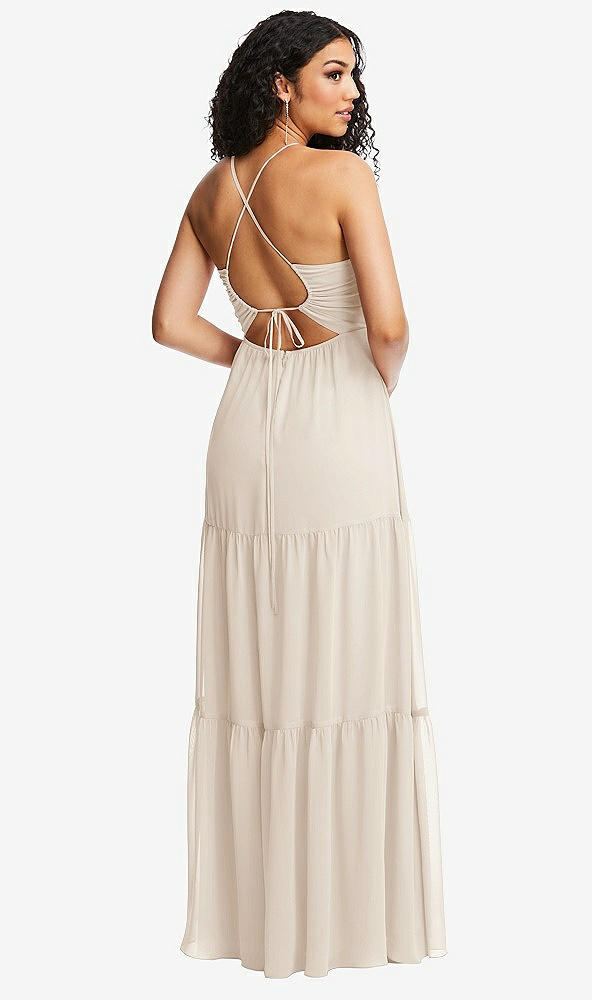 Back View - Oat Drawstring Bodice Gathered Tie Open-Back Maxi Dress with Tiered Skirt