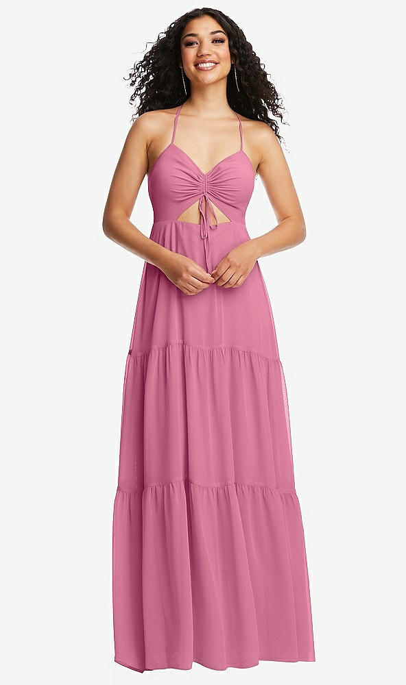 Front View - Orchid Pink Drawstring Bodice Gathered Tie Open-Back Maxi Dress with Tiered Skirt