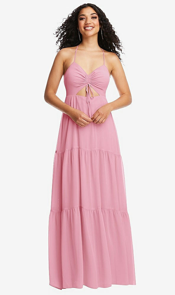 Front View - Peony Pink Drawstring Bodice Gathered Tie Open-Back Maxi Dress with Tiered Skirt