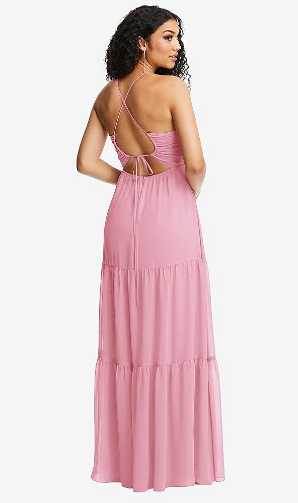 Back View - Peony Pink Drawstring Bodice Gathered Tie Open-Back Maxi Dress with Tiered Skirt