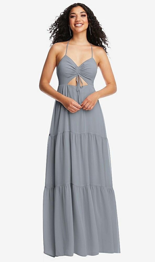Front View - Platinum Drawstring Bodice Gathered Tie Open-Back Maxi Dress with Tiered Skirt