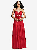 Front View Thumbnail - Parisian Red Drawstring Bodice Gathered Tie Open-Back Maxi Dress with Tiered Skirt