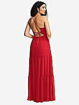 Rear View Thumbnail - Parisian Red Drawstring Bodice Gathered Tie Open-Back Maxi Dress with Tiered Skirt