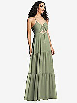 Alt View 1 Thumbnail - Sage Drawstring Bodice Gathered Tie Open-Back Maxi Dress with Tiered Skirt