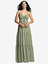 Front View Thumbnail - Sage Drawstring Bodice Gathered Tie Open-Back Maxi Dress with Tiered Skirt