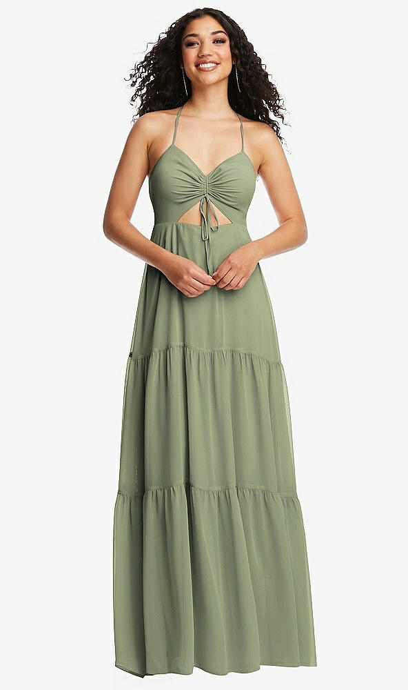 Front View - Sage Drawstring Bodice Gathered Tie Open-Back Maxi Dress with Tiered Skirt