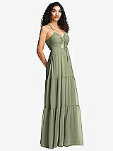 Side View Thumbnail - Sage Drawstring Bodice Gathered Tie Open-Back Maxi Dress with Tiered Skirt
